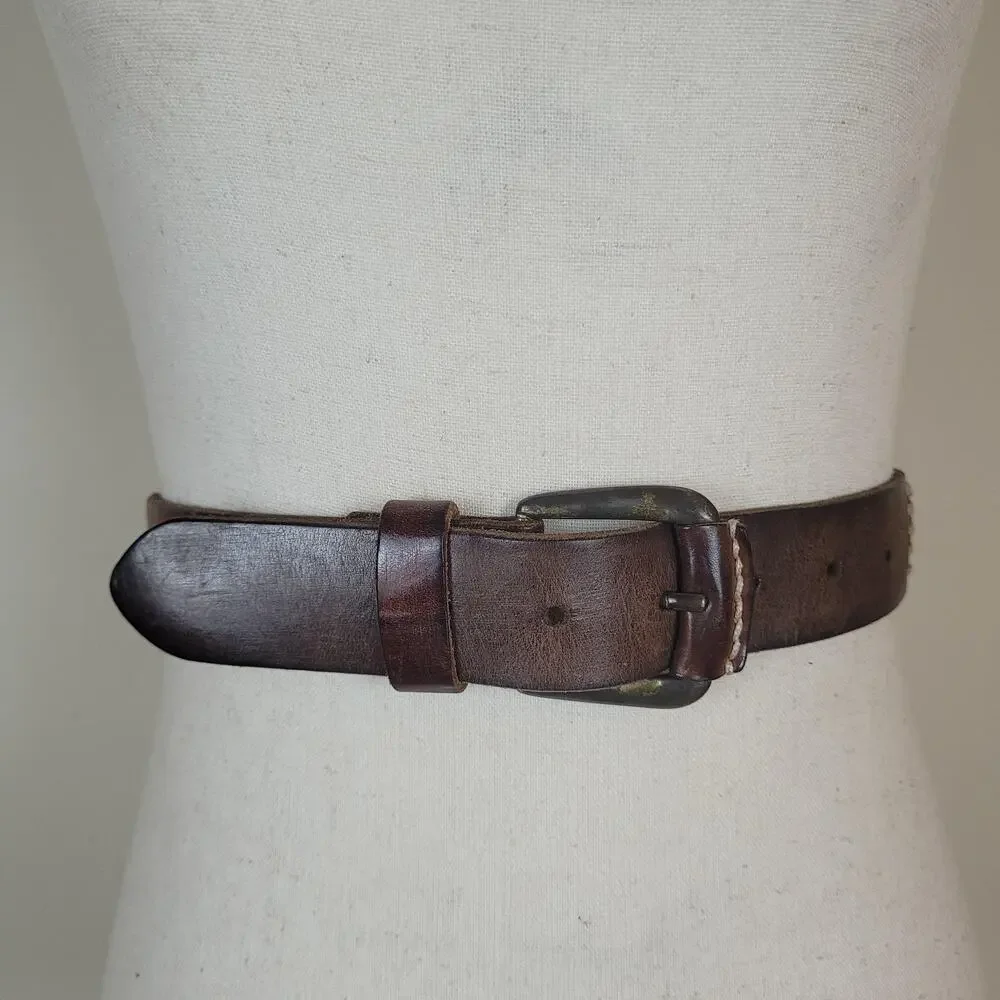 Brown Leather Belt Medium Rustic Stitched Workwear Casual Boho‎ Western Festival